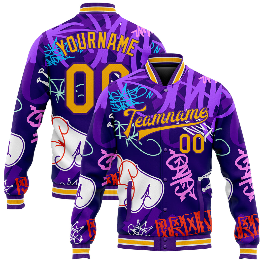 Custom Graffiti Pattern Gold-Purple Hiphop Urban Street Art 3D Bomber Full-Snap Varsity Letterman Jacket