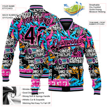 Load image into Gallery viewer, Custom Graffiti Pattern Black Pink Grunge Urban Street Art 3D Bomber Full-Snap Varsity Letterman Jacket
