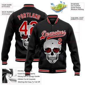 Custom Black Red-White Skull With Roses 3D Bomber Full-Snap Varsity Letterman Jacket