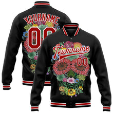 Load image into Gallery viewer, Custom Black Red-White Skull With Flowers 3D Bomber Full-Snap Varsity Letterman Jacket

