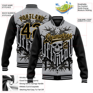 Custom Gray Black-Old Gold Skull With Thorns 3D Bomber Full-Snap Varsity Letterman Two Tone Jacket