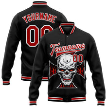 Load image into Gallery viewer, Custom Black Red-White Skull With Cross Logo 3D Bomber Full-Snap Varsity Letterman Jacket
