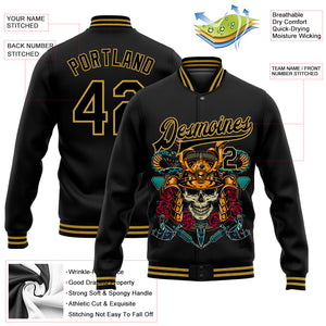 Custom Black Old Gold Skull Fashion 3D Bomber Full-Snap Varsity Letterman Jacket