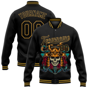 Custom Black Old Gold Skull Fashion 3D Bomber Full-Snap Varsity Letterman Jacket