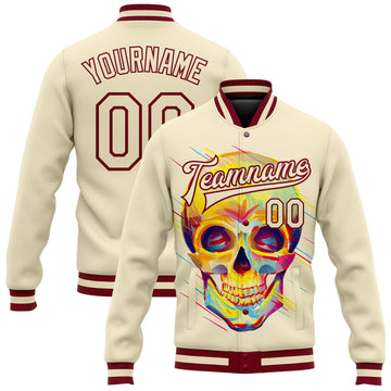 Custom Cream Maroon Skull Fashion 3D Bomber Full-Snap Varsity Letterman Jacket