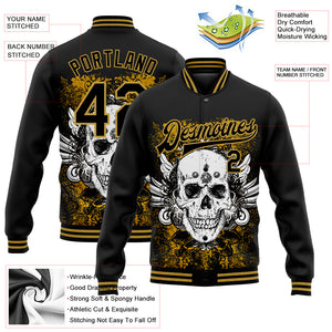 Custom Black Old Gold Skull With Wing 3D Bomber Full-Snap Varsity Letterman Jacket