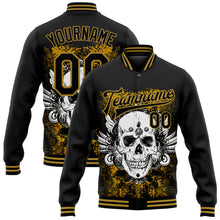 Load image into Gallery viewer, Custom Black Old Gold Skull With Wing 3D Bomber Full-Snap Varsity Letterman Jacket
