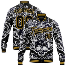 Load image into Gallery viewer, Custom Black Old Gold Skull With Peonies 3D Bomber Full-Snap Varsity Letterman Jacket
