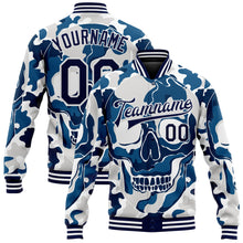 Load image into Gallery viewer, Custom Camo Navy-White Skull Fashion 3D Bomber Full-Snap Varsity Letterman Salute To Service Jacket
