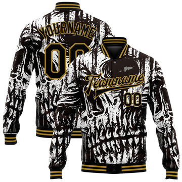 Custom Black Old Gold Skull Fashion 3D Bomber Full-Snap Varsity Letterman Jacket