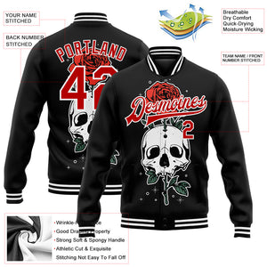 Custom Black Red-White Skull With Flower 3D Bomber Full-Snap Varsity Letterman Jacket