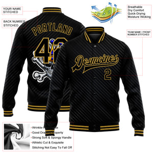 Custom Black Old Gold Skull With Gold Crown And Crossing Bones 3D Bomber Full-Snap Varsity Letterman Jacket