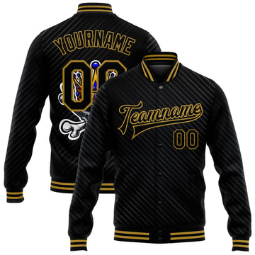 Custom Black Old Gold Skull With Gold Crown And Crossing Bones 3D Bomber Full-Snap Varsity Letterman Jacket