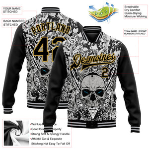 Custom Gray Black-Old Gold Skull With Feather 3D Bomber Full-Snap Varsity Letterman Two Tone Jacket