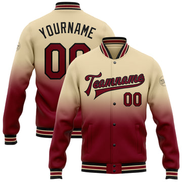 Custom City Cream Crimson-Black Bomber Full-Snap Varsity Letterman Fade Fashion Jacket