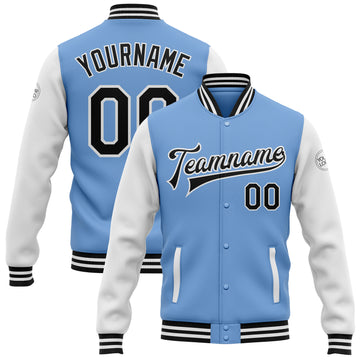 Custom Light Blue Black-White Bomber Full-Snap Varsity Letterman Two Tone Jacket