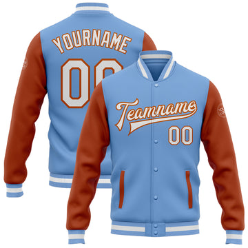 Custom Light Blue White-Texas Orange Bomber Full-Snap Varsity Letterman Two Tone Jacket