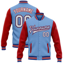 Load image into Gallery viewer, Custom Light Blue White Royal-Red Bomber Full-Snap Varsity Letterman Two Tone Jacket
