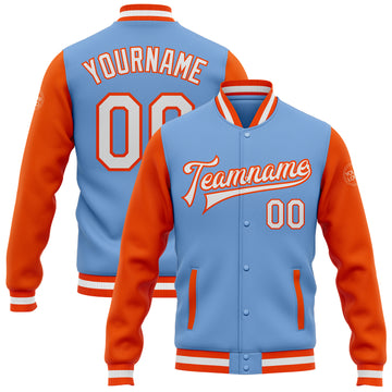 Custom Light Blue White-Orange Bomber Full-Snap Varsity Letterman Two Tone Jacket