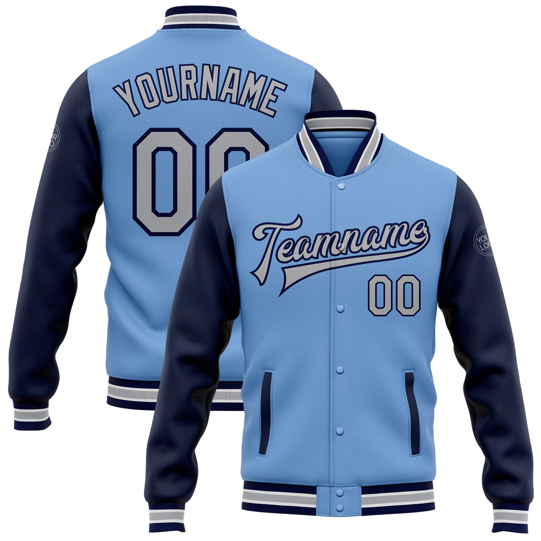 Custom Light Blue Gray-Navy Bomber Full-Snap Varsity Letterman Two Tone Jacket