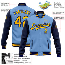 Load image into Gallery viewer, Custom Light Blue Gold-Navy Bomber Full-Snap Varsity Letterman Two Tone Jacket
