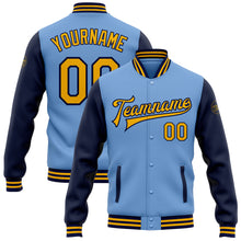 Load image into Gallery viewer, Custom Light Blue Gold-Navy Bomber Full-Snap Varsity Letterman Two Tone Jacket
