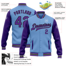 Load image into Gallery viewer, Custom Light Blue Purple-Black Bomber Full-Snap Varsity Letterman Two Tone Jacket
