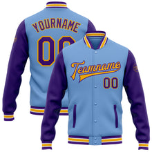 Load image into Gallery viewer, Custom Light Blue Purple-Gold Bomber Full-Snap Varsity Letterman Two Tone Jacket

