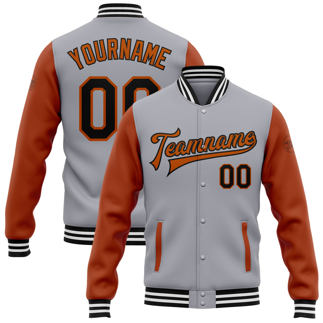 Custom Gray Black-Texas Orange Bomber Full-Snap Varsity Letterman Two Tone Jacket