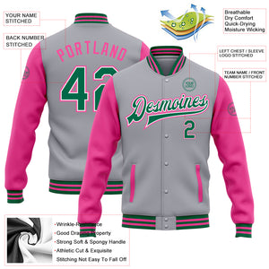 Custom Gray Kelly Green White-Pink Bomber Full-Snap Varsity Letterman Two Tone Jacket