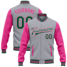 Load image into Gallery viewer, Custom Gray Kelly Green White-Pink Bomber Full-Snap Varsity Letterman Two Tone Jacket
