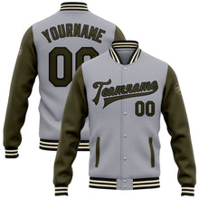 Load image into Gallery viewer, Custom Gray Olive Black-Cream Bomber Full-Snap Varsity Letterman Two Tone Jacket
