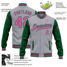 Load image into Gallery viewer, Custom Gray Pink-Kelly Green Bomber Full-Snap Varsity Letterman Two Tone Jacket
