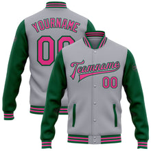 Load image into Gallery viewer, Custom Gray Pink-Kelly Green Bomber Full-Snap Varsity Letterman Two Tone Jacket
