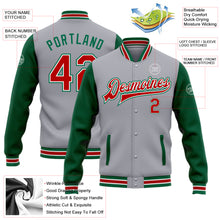 Load image into Gallery viewer, Custom Gray Red-Kelly Green Bomber Full-Snap Varsity Letterman Two Tone Jacket

