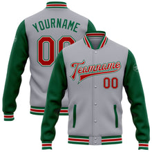 Load image into Gallery viewer, Custom Gray Red-Kelly Green Bomber Full-Snap Varsity Letterman Two Tone Jacket
