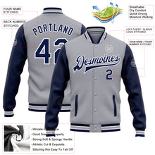 Load image into Gallery viewer, Custom Gray Navy-White Bomber Full-Snap Varsity Letterman Two Tone Jacket
