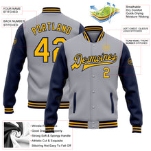 Load image into Gallery viewer, Custom Gray Gold-Navy Bomber Full-Snap Varsity Letterman Two Tone Jacket
