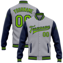 Load image into Gallery viewer, Custom Gray Neon Green-Navy Bomber Full-Snap Varsity Letterman Two Tone Jacket

