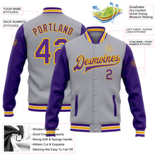 Load image into Gallery viewer, Custom Gray Purple-Gold Bomber Full-Snap Varsity Letterman Two Tone Jacket
