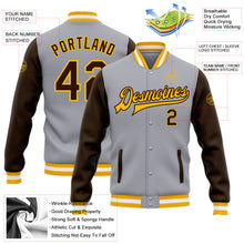 Load image into Gallery viewer, Custom Gray Brown-Gold Bomber Full-Snap Varsity Letterman Two Tone Jacket
