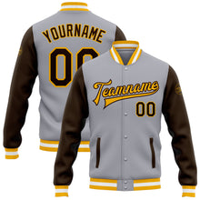 Load image into Gallery viewer, Custom Gray Brown-Gold Bomber Full-Snap Varsity Letterman Two Tone Jacket
