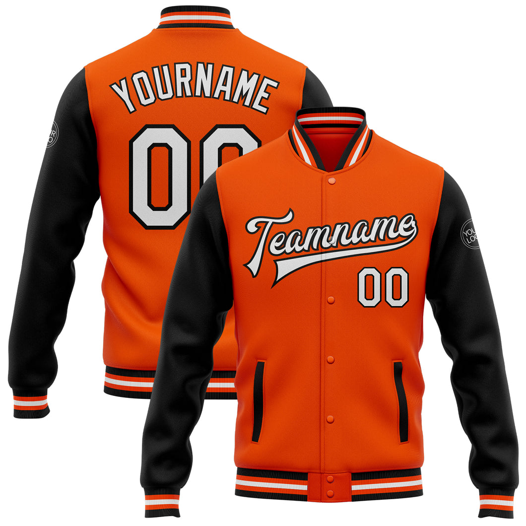 Custom Orange White-Black Bomber Full-Snap Varsity Letterman Two Tone Jacket