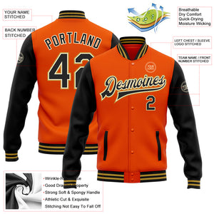 Custom Orange Black Cream-Old Gold Bomber Full-Snap Varsity Letterman Two Tone Jacket