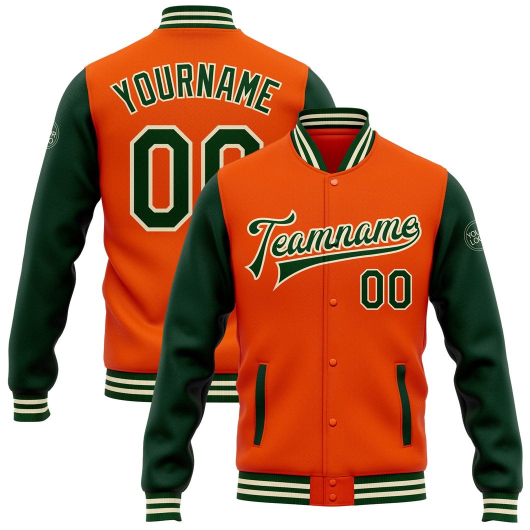 Custom Orange Green-Cream Bomber Full-Snap Varsity Letterman Two Tone Jacket