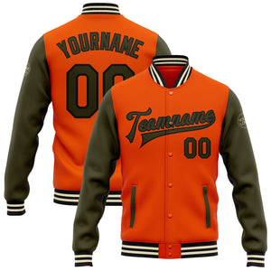 Custom Orange Olive Black-Cream Bomber Full-Snap Varsity Letterman Two Tone Jacket