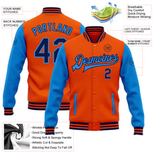Load image into Gallery viewer, Custom Orange Navy-Electric Blue Bomber Full-Snap Varsity Letterman Two Tone Jacket
