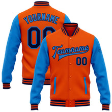 Load image into Gallery viewer, Custom Orange Navy-Electric Blue Bomber Full-Snap Varsity Letterman Two Tone Jacket
