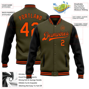 Custom Olive Orange-Black Bomber Full-Snap Varsity Letterman Two Tone Salute To Service Jacket