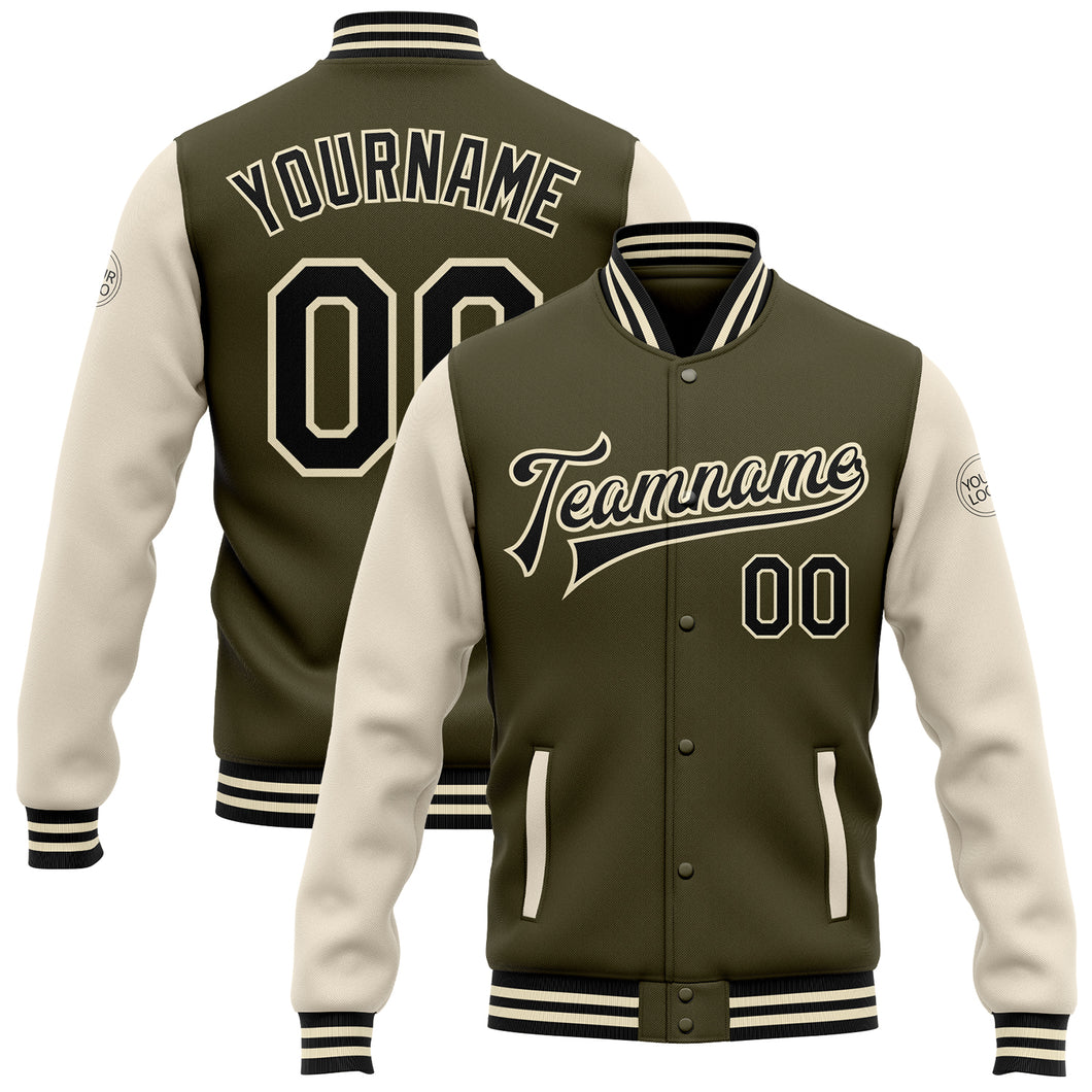 Custom Olive Black-Cream Bomber Full-Snap Varsity Letterman Two Tone Salute To Service Jacket